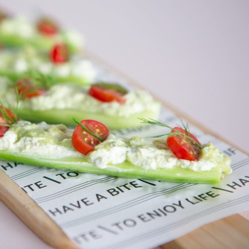Cucumber Boats Topped with Avocado & Cherry Tomatos